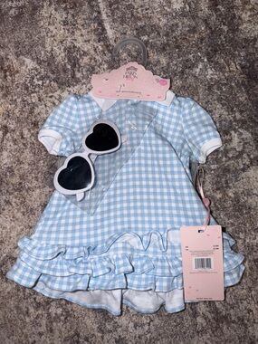 Blue Gingham Ruffle Kids Dress with Heart Sunglasses